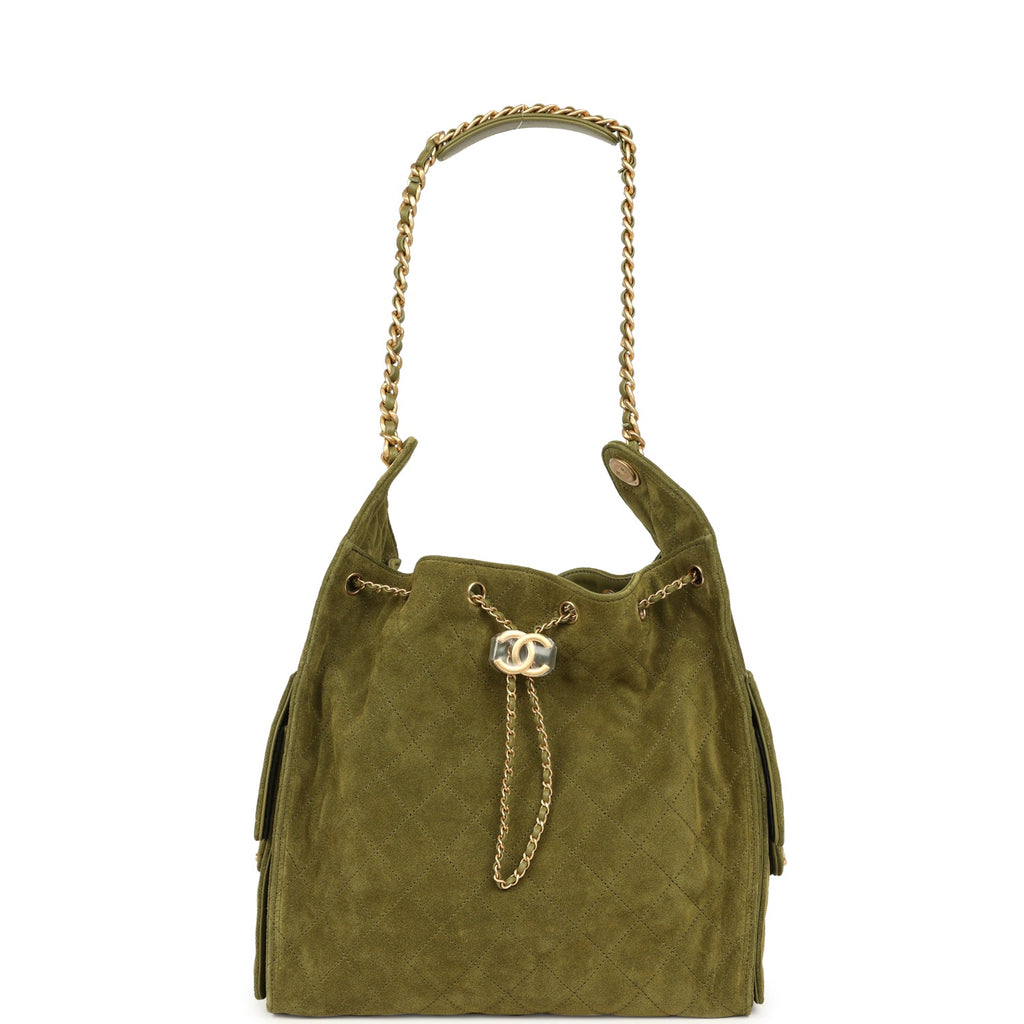 Medium 25 Hobo Bag Khaki Suede Antique Gold Hardware