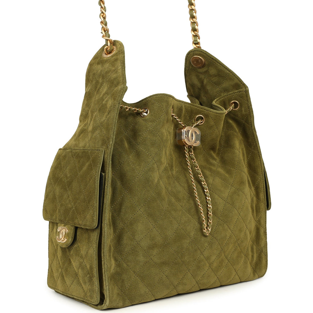 Medium 25 Hobo Bag Khaki Suede Antique Gold Hardware