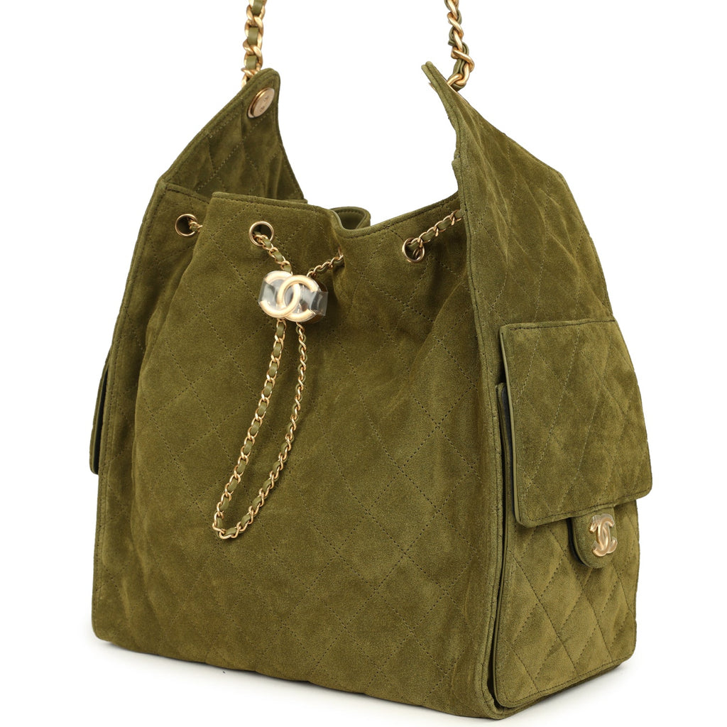 Medium 25 Hobo Bag Khaki Suede Antique Gold Hardware