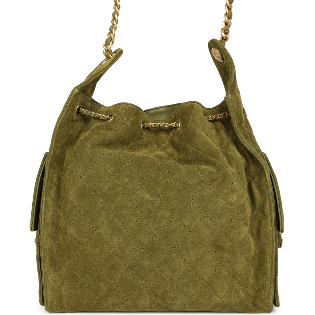 Medium 25 Hobo Bag Khaki Suede Antique Gold Hardware