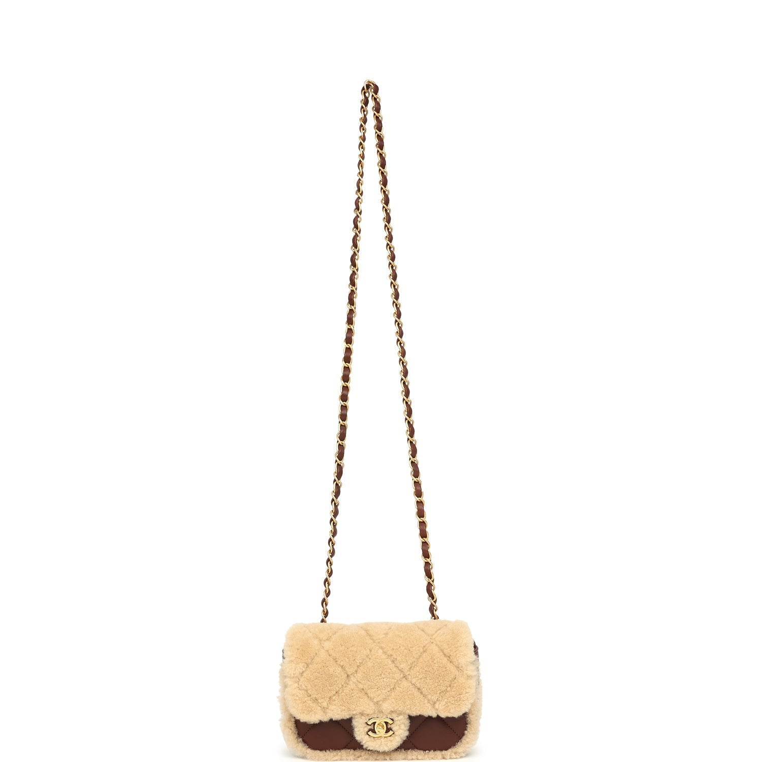 Mini Shearling Flap Bag Brown Lambskin Brushed Gold Hardware