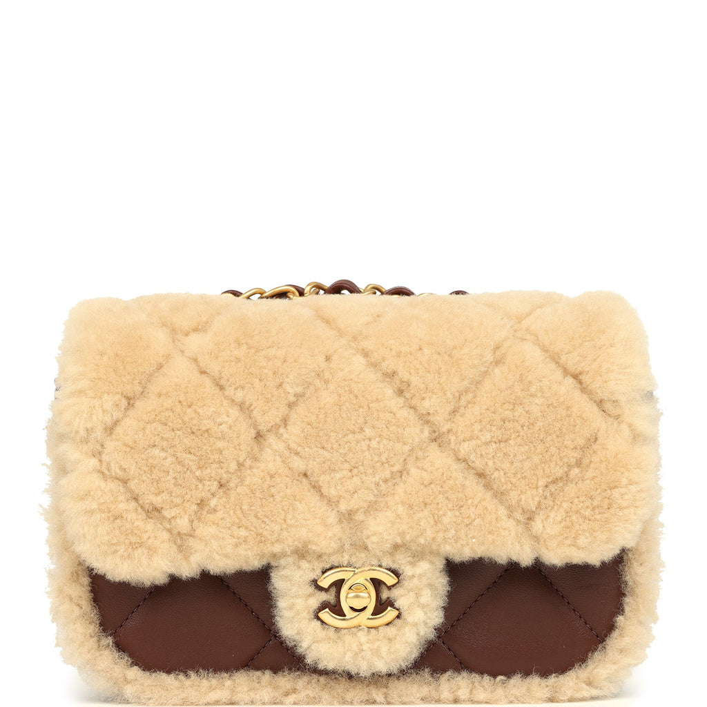 Mini Shearling Flap Bag Brown Lambskin Brushed Gold Hardware