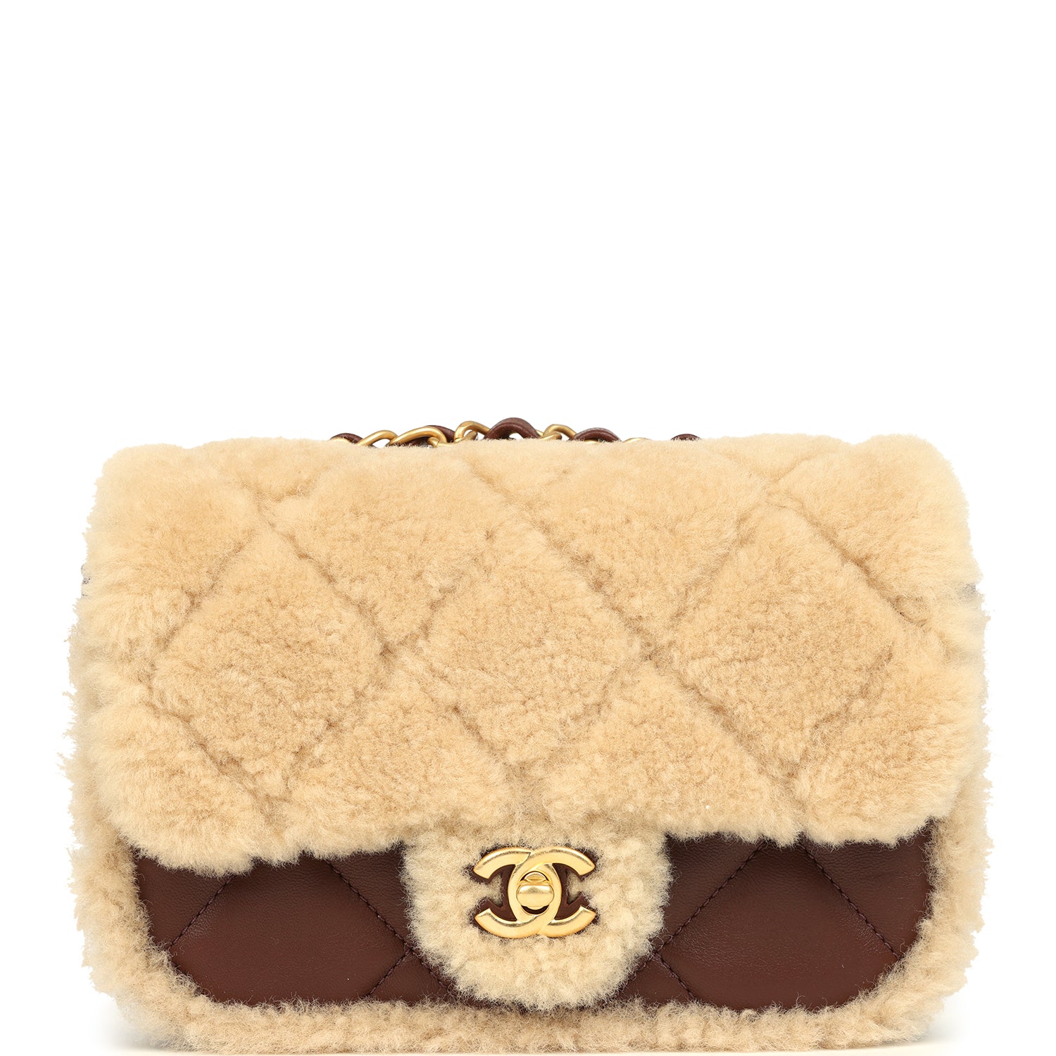 Mini Shearling Flap Bag Brown Lambskin Brushed Gold Hardware