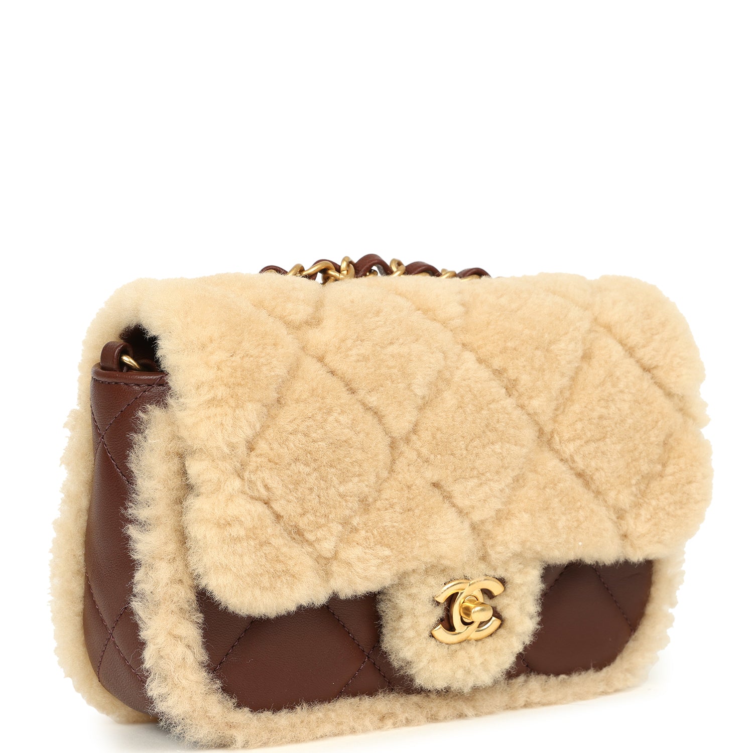 Mini Shearling Flap Bag Brown Lambskin Brushed Gold Hardware