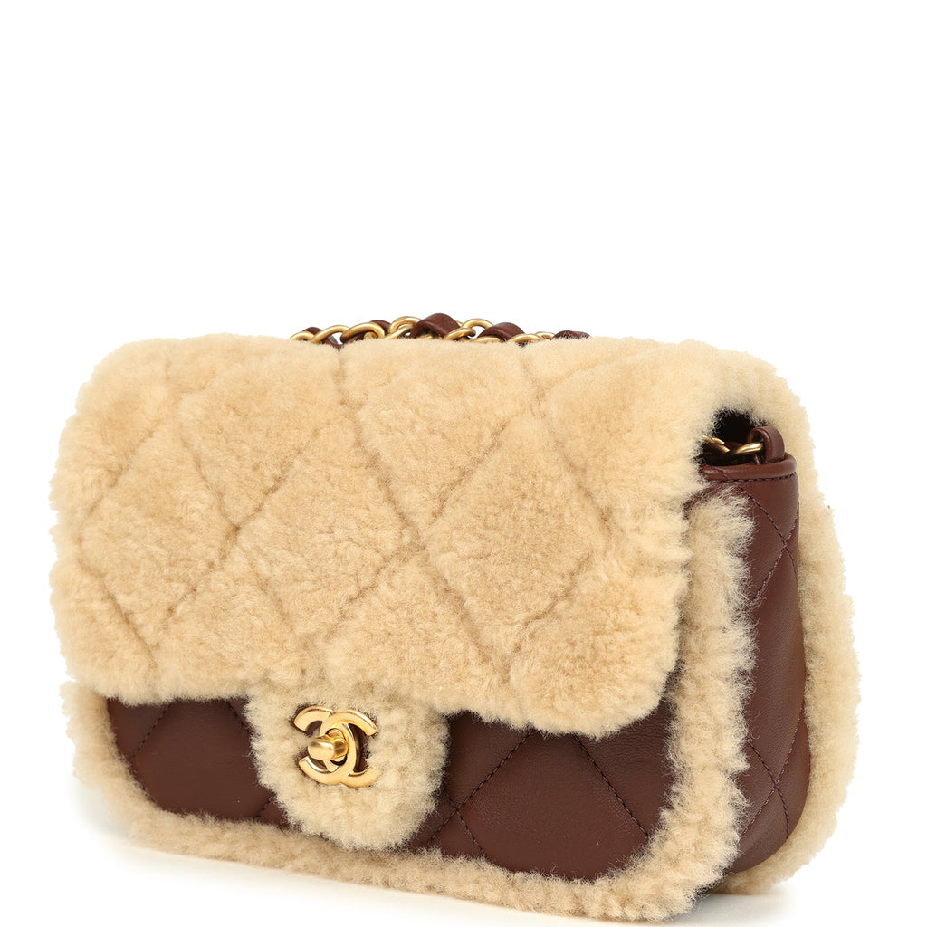 Mini Shearling Flap Bag Brown Lambskin Brushed Gold Hardware