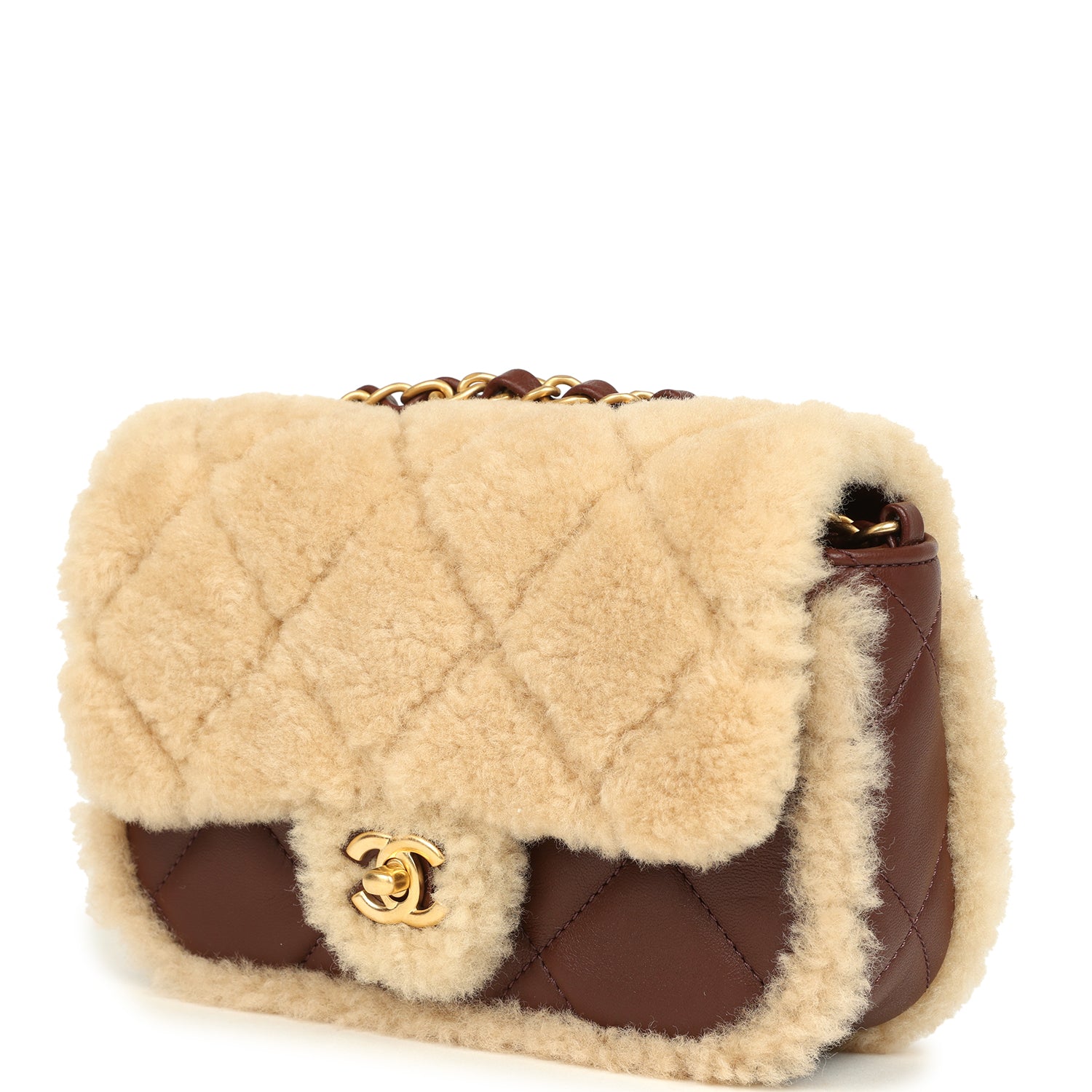 Mini Shearling Flap Bag Brown Lambskin Brushed Gold Hardware
