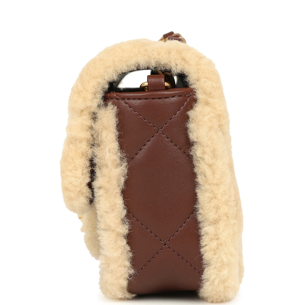 Mini Shearling Flap Bag Brown Lambskin Brushed Gold Hardware