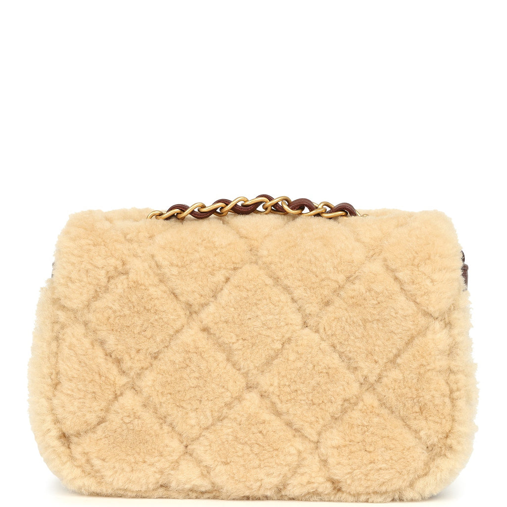 Mini Shearling Flap Bag Brown Lambskin Brushed Gold Hardware