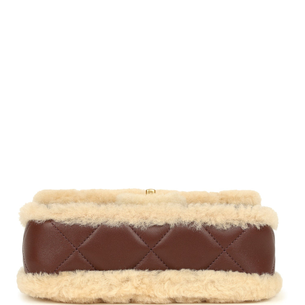 Mini Shearling Flap Bag Brown Lambskin Brushed Gold Hardware
