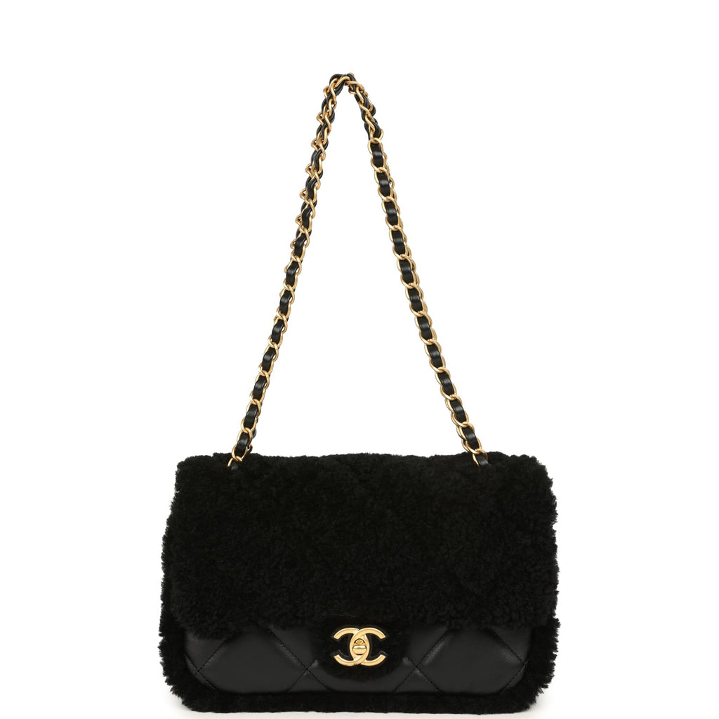 Medium Shearling Flap Bag Black Lambskin Brushed Gold Hardware
