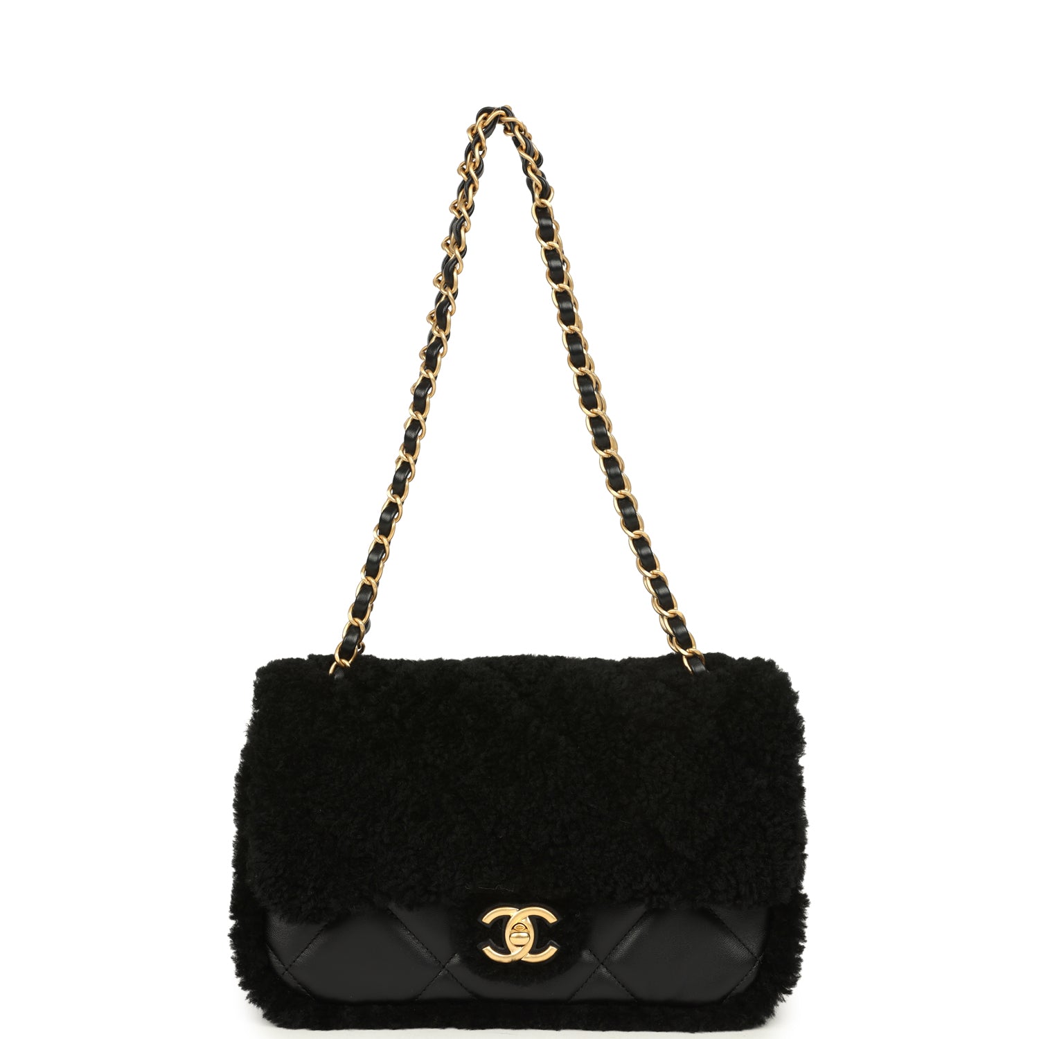 Medium Shearling Flap Bag Black Lambskin Brushed Gold Hardware