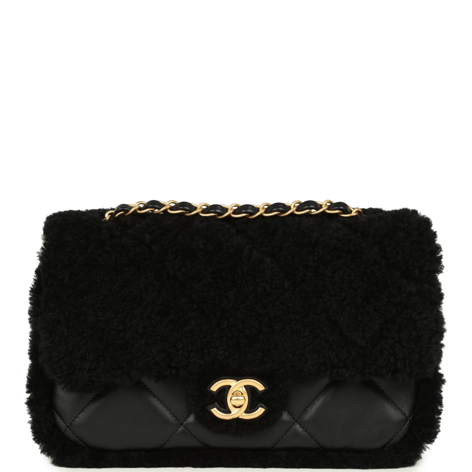 Medium Shearling Flap Bag Black Lambskin Brushed Gold Hardware
