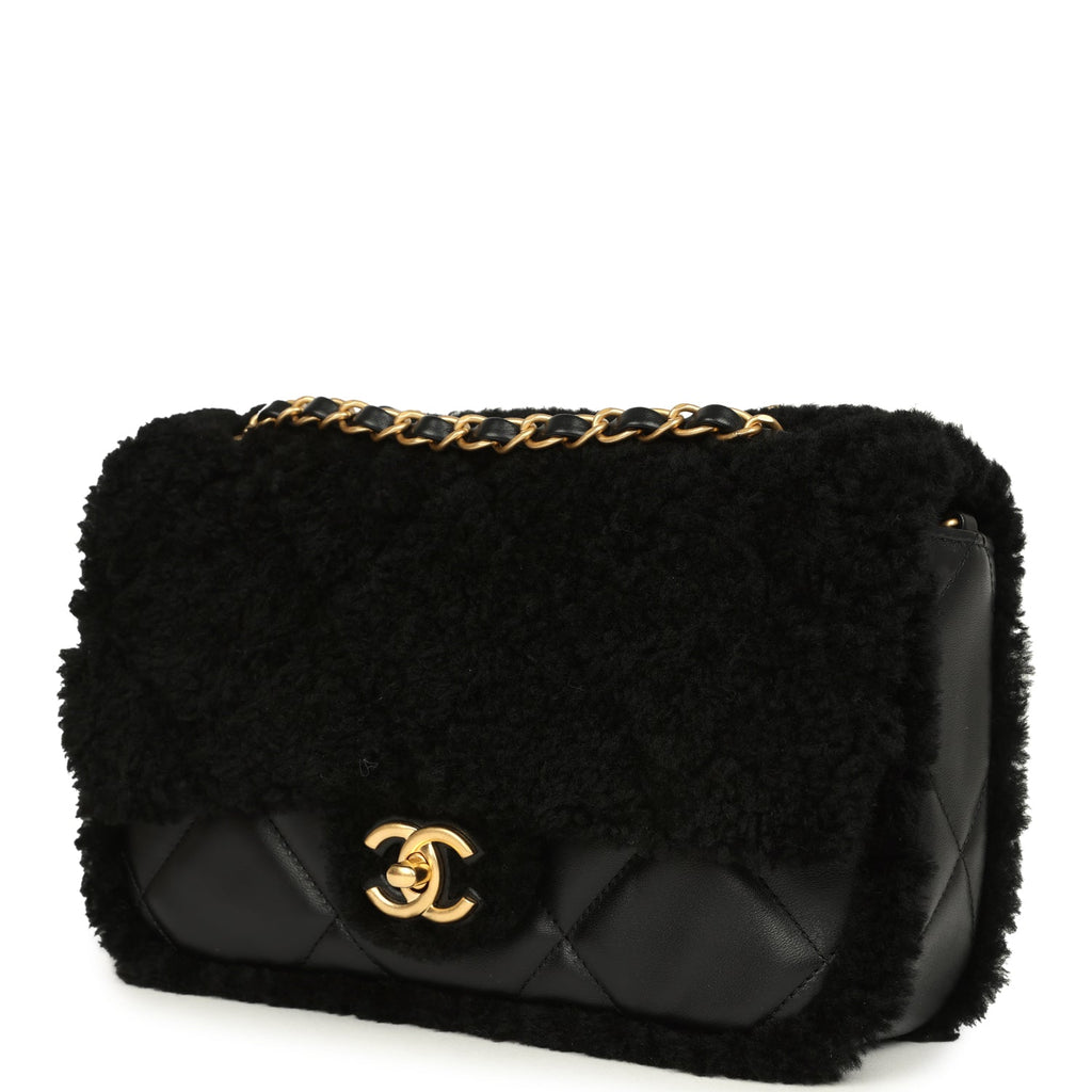 Medium Shearling Flap Bag Black Lambskin Brushed Gold Hardware