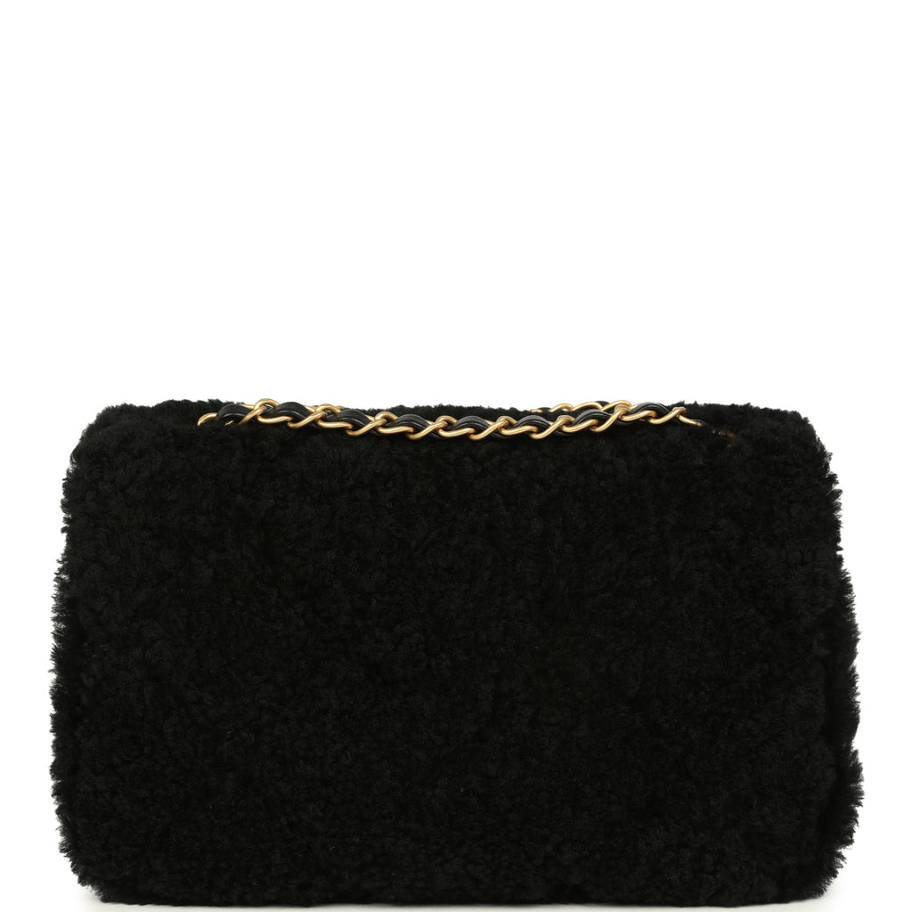 Medium Shearling Flap Bag Black Lambskin Brushed Gold Hardware