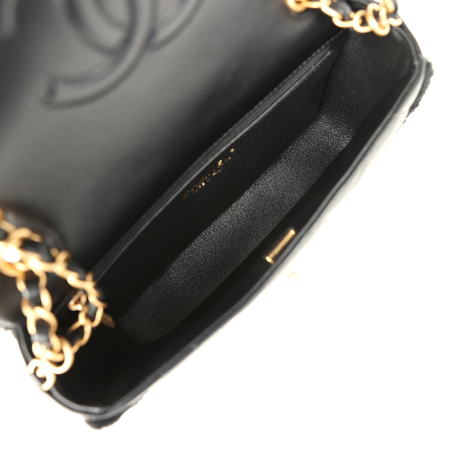 Medium Shearling Flap Bag Black Lambskin Brushed Gold Hardware