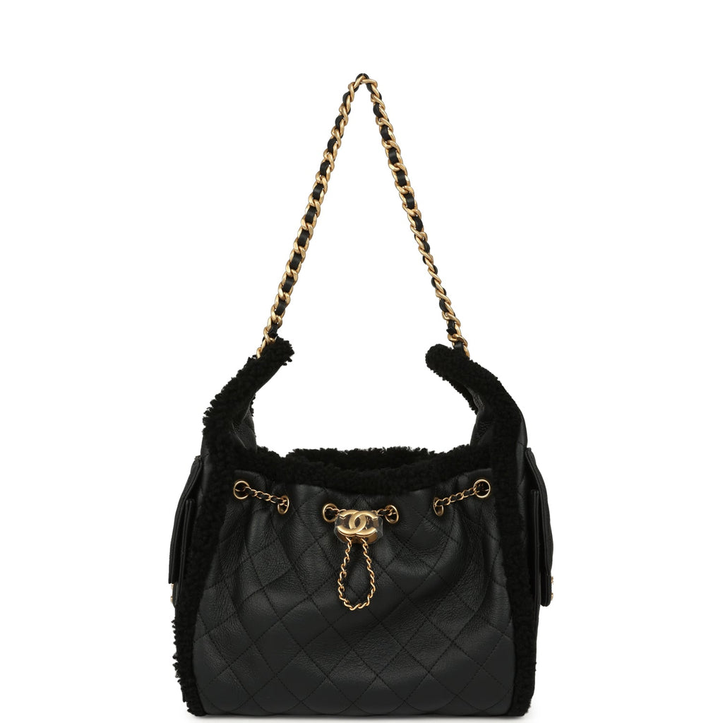 Small 25 Hobo Bag Black Crumpled Sheepskin and Shearling Antique Gold Hardware