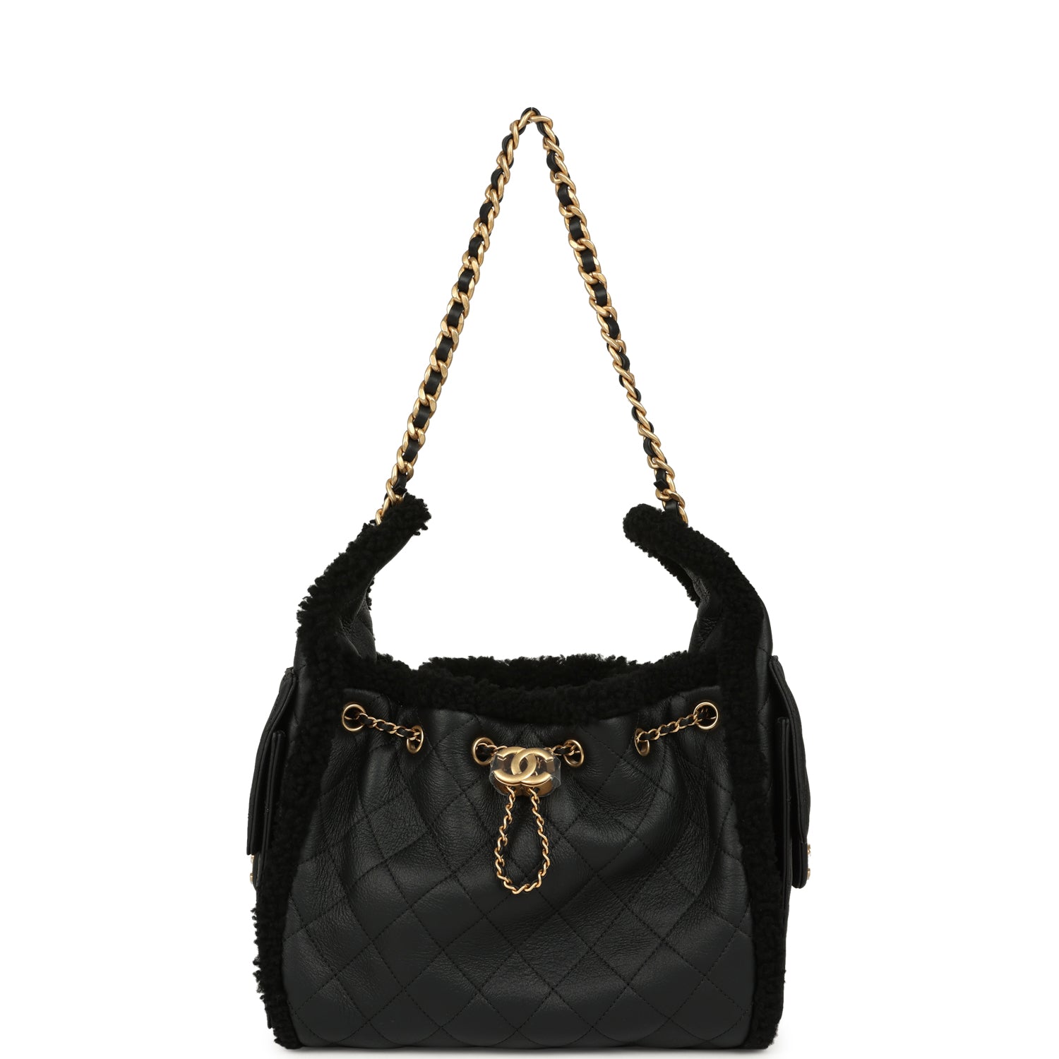 Small 25 Hobo Bag Black Crumpled Sheepskin and Shearling Antique Gold Hardware