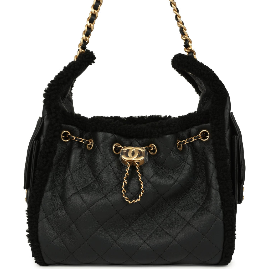 Small 25 Hobo Bag Black Crumpled Sheepskin and Shearling Antique Gold Hardware