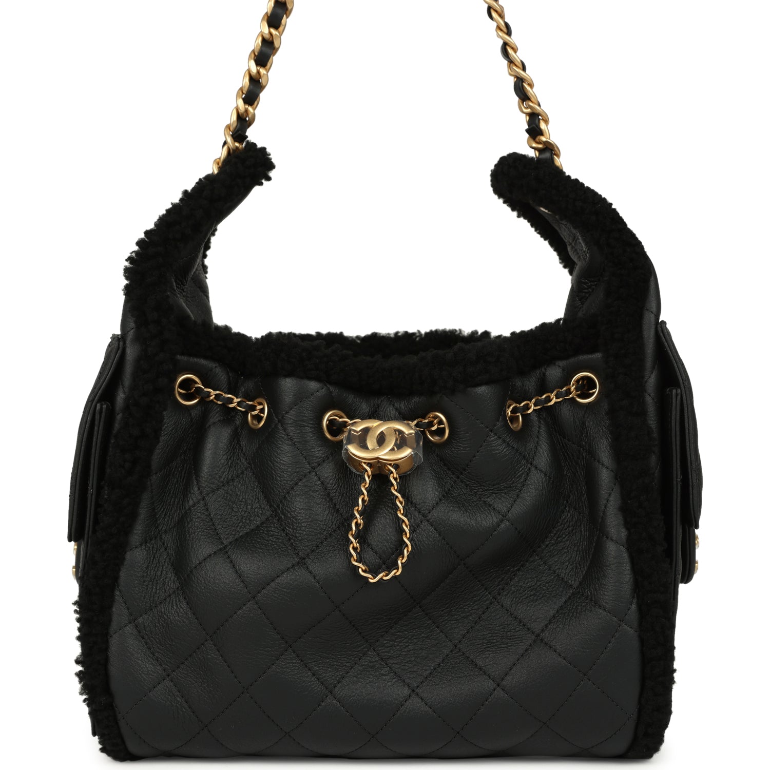 Small 25 Hobo Bag Black Crumpled Sheepskin and Shearling Antique Gold Hardware