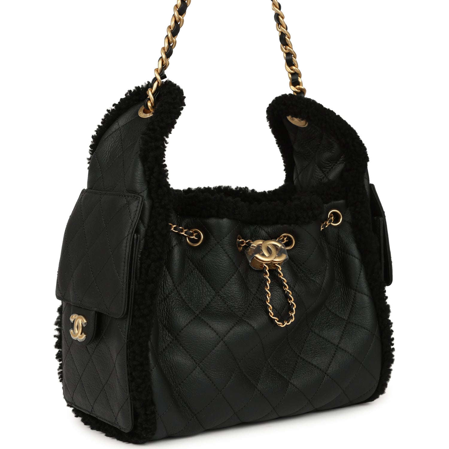 Small 25 Hobo Bag Black Crumpled Sheepskin and Shearling Antique Gold Hardware