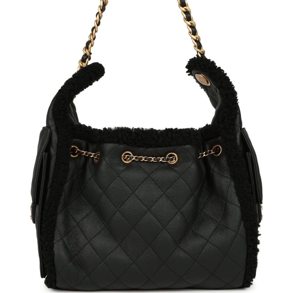 Small 25 Hobo Bag Black Crumpled Sheepskin and Shearling Antique Gold Hardware