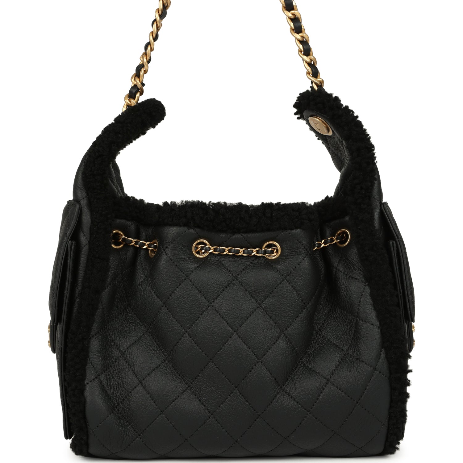 Small 25 Hobo Bag Black Crumpled Sheepskin and Shearling Antique Gold Hardware