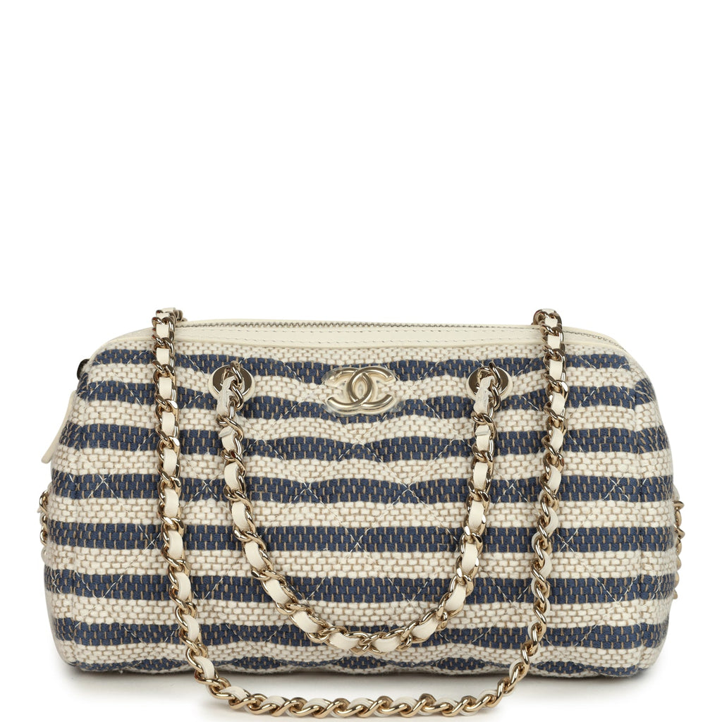 Mini Timeless Classic Barrel Bag with Chain Light Beige and Dark Blue Striped Woven Fabric Light Gold Hardware