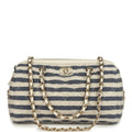 Mini Timeless Classic Barrel Bag with Chain Light Beige and Dark Blue Striped Woven Fabric Light Gold Hardware