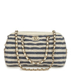Mini Timeless Classic Barrel Bag with Chain Light Beige and Dark Blue Striped Woven Fabric Light Gold Hardware