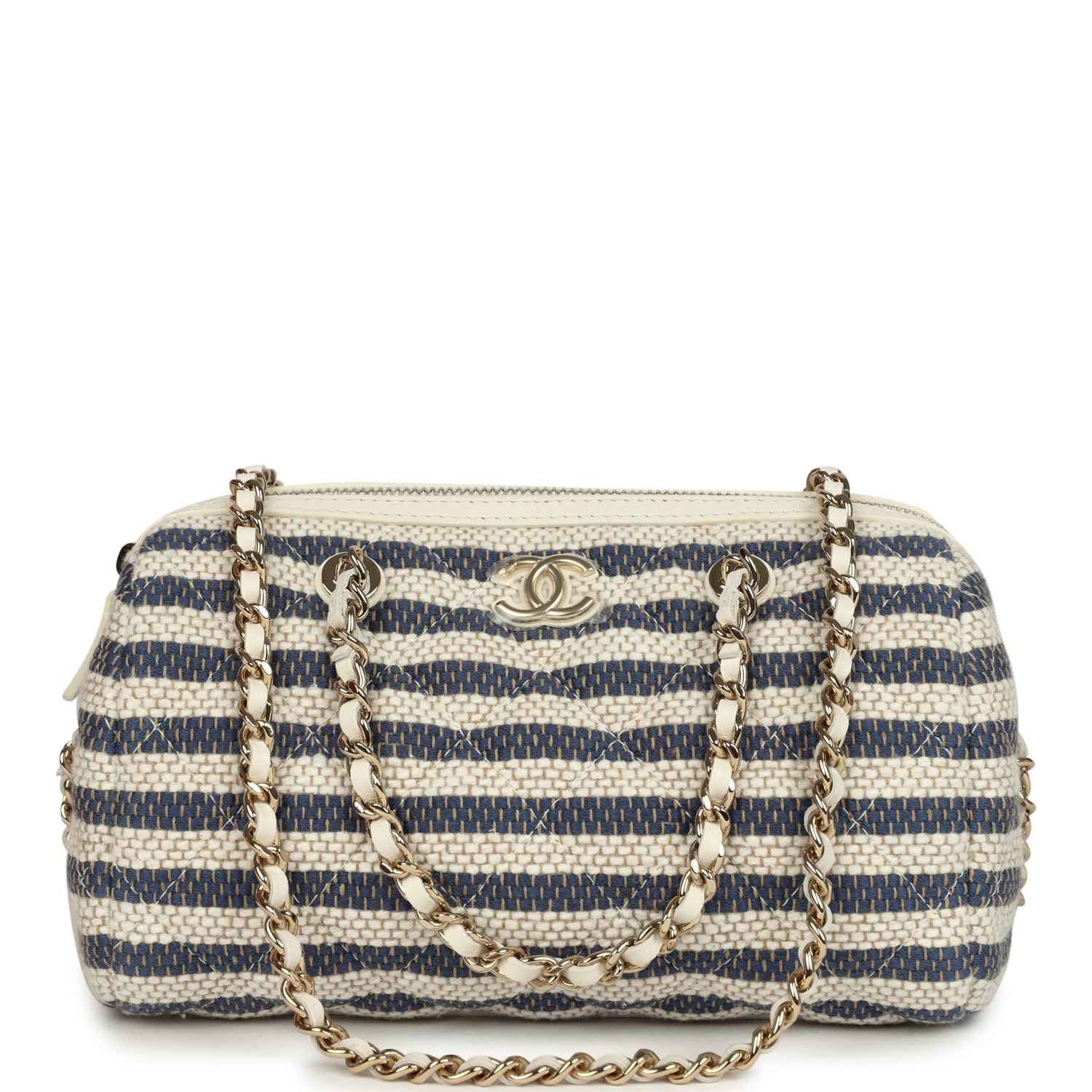 Mini Timeless Classic Barrel Bag with Chain Light Beige and Dark Blue Striped Woven Fabric Light Gold Hardware