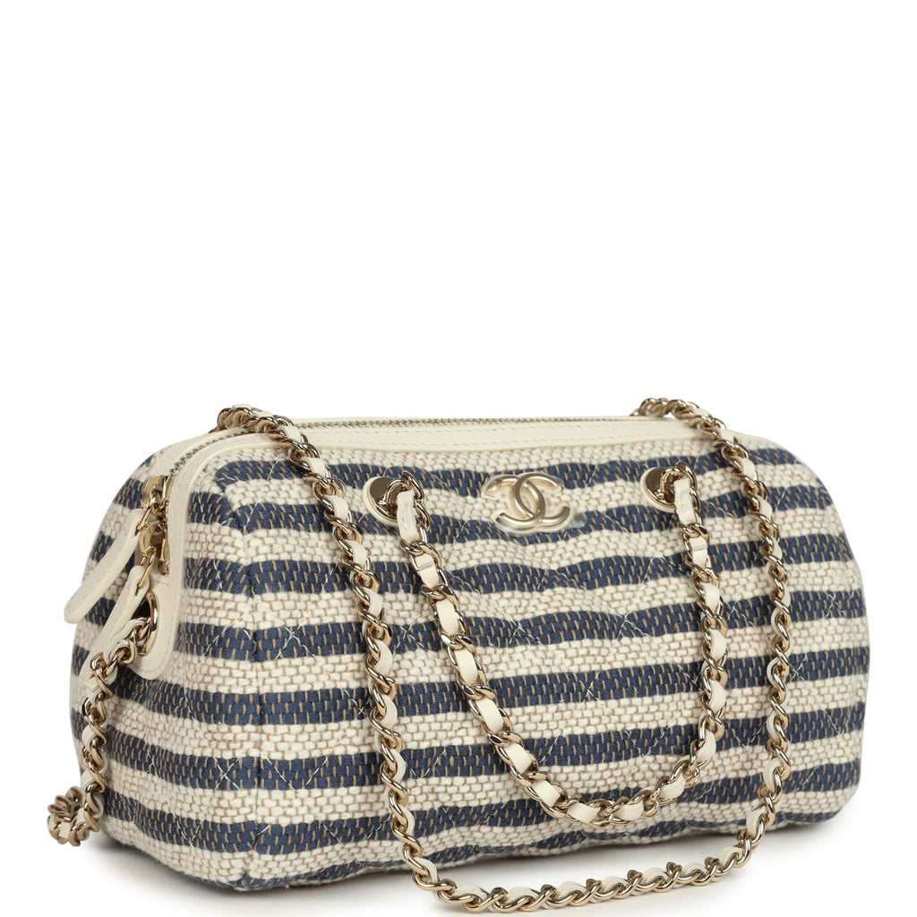 Mini Timeless Classic Barrel Bag with Chain Light Beige and Dark Blue Striped Woven Fabric Light Gold Hardware