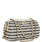 Mini Timeless Classic Barrel Bag with Chain Light Beige and Dark Blue Striped Woven Fabric Light Gold Hardware