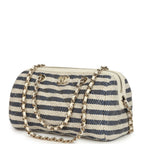 Mini Timeless Classic Barrel Bag with Chain Light Beige and Dark Blue Striped Woven Fabric Light Gold Hardware