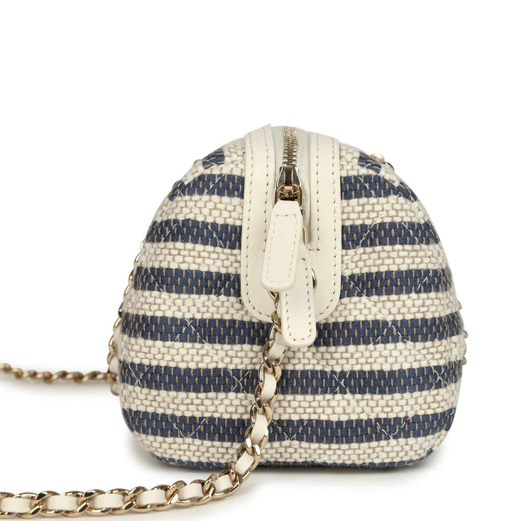 Mini Timeless Classic Barrel Bag with Chain Light Beige and Dark Blue Striped Woven Fabric Light Gold Hardware