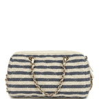 Mini Timeless Classic Barrel Bag with Chain Light Beige and Dark Blue Striped Woven Fabric Light Gold Hardware