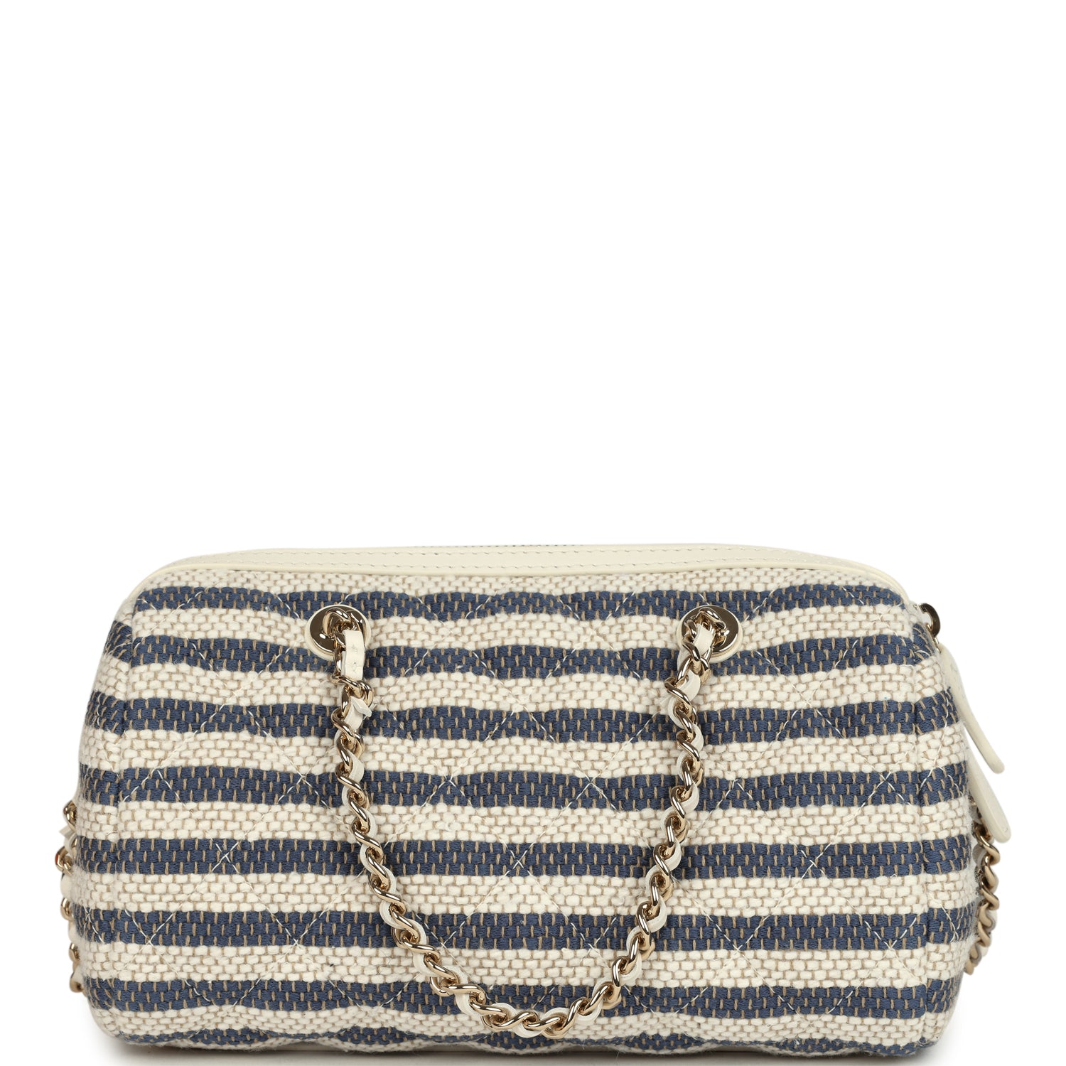 Mini Timeless Classic Barrel Bag with Chain Light Beige and Dark Blue Striped Woven Fabric Light Gold Hardware