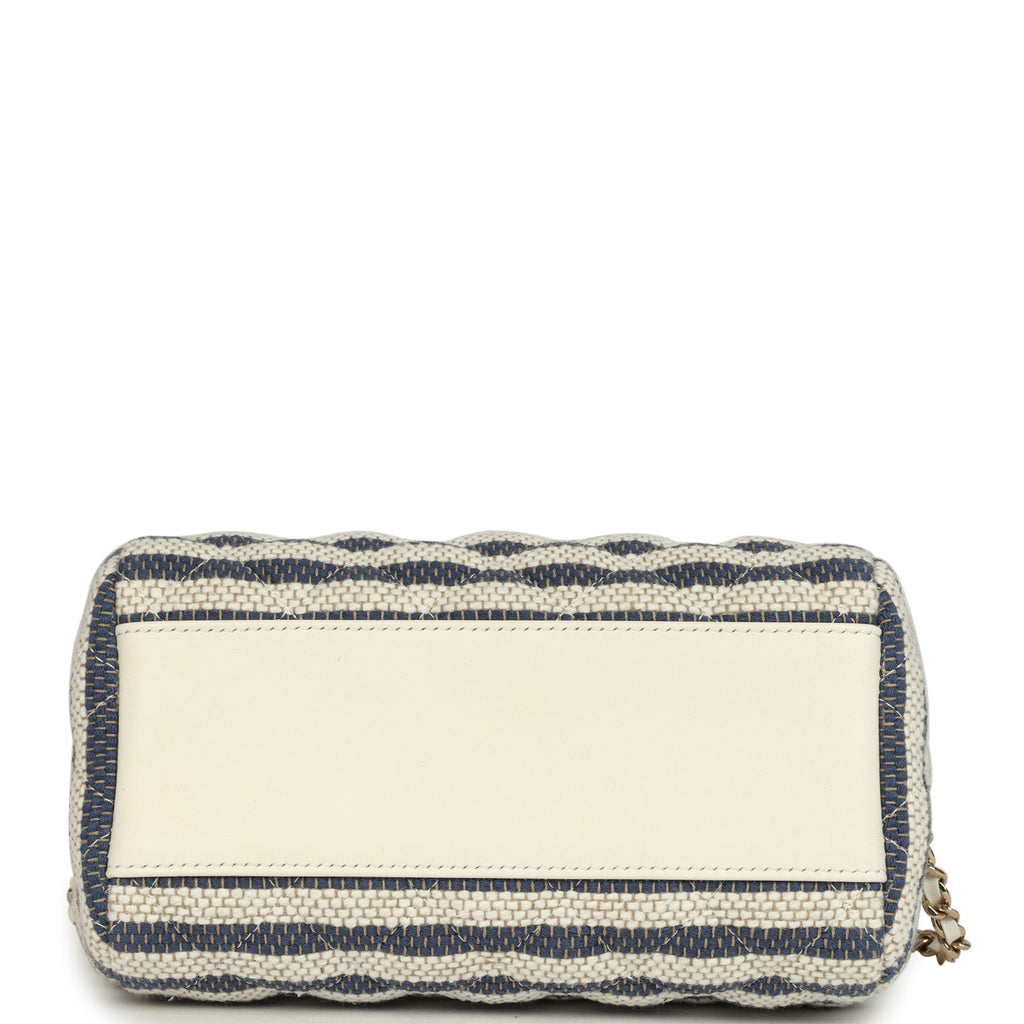 Mini Timeless Classic Barrel Bag with Chain Light Beige and Dark Blue Striped Woven Fabric Light Gold Hardware