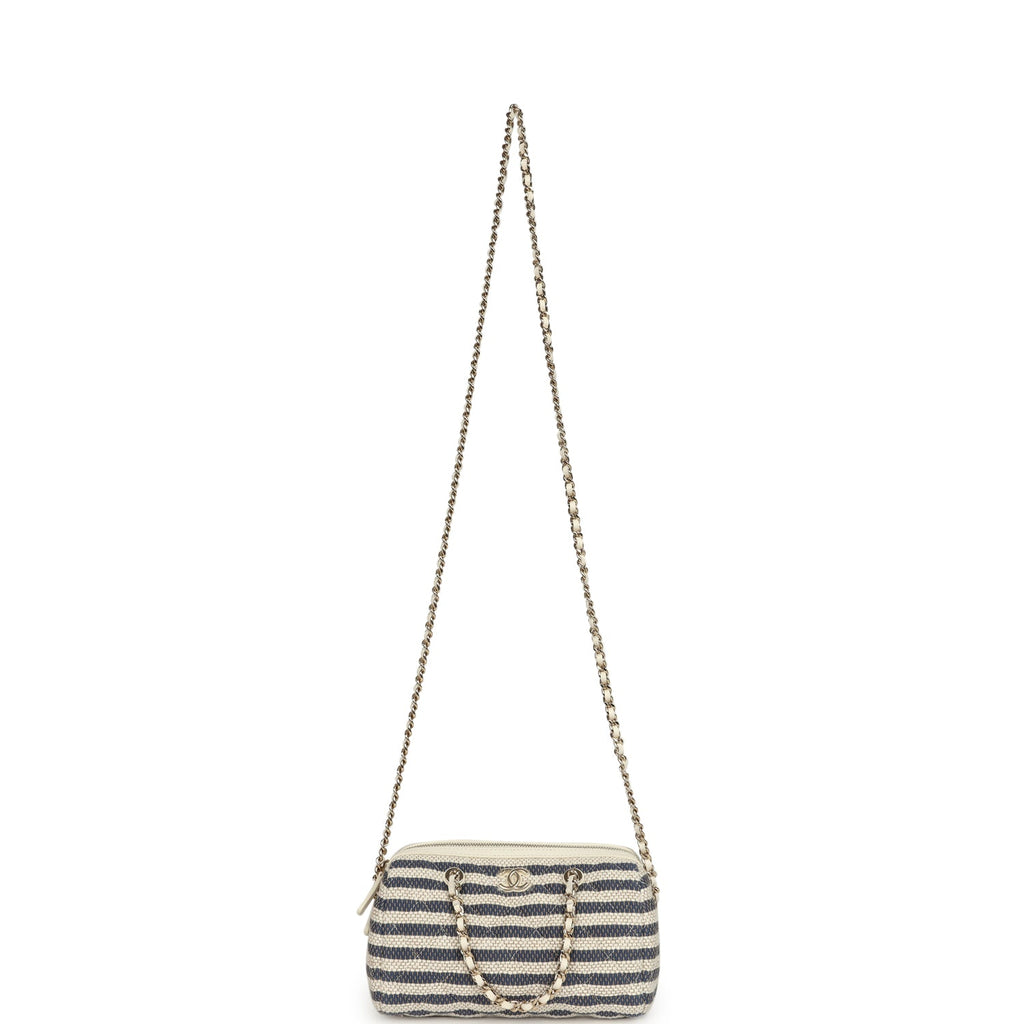 Mini Timeless Classic Barrel Bag with Chain Light Beige and Dark Blue Striped Woven Fabric Light Gold Hardware