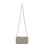 Mini Timeless Classic Barrel Bag with Chain Light Beige and Dark Blue Striped Woven Fabric Light Gold Hardware