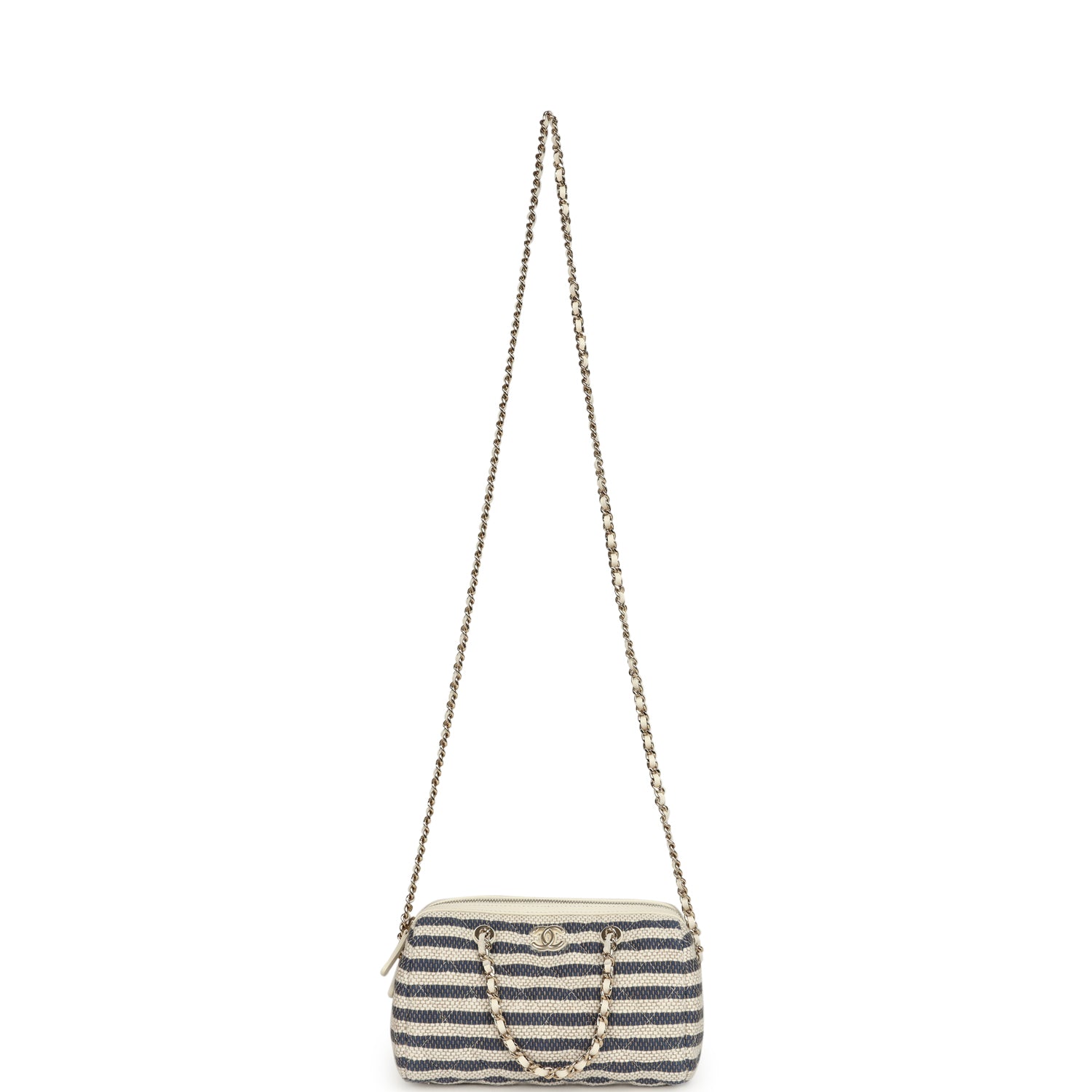 Mini Timeless Classic Barrel Bag with Chain Light Beige and Dark Blue Striped Woven Fabric Light Gold Hardware