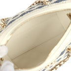 Mini Timeless Classic Barrel Bag with Chain Light Beige and Dark Blue Striped Woven Fabric Light Gold Hardware