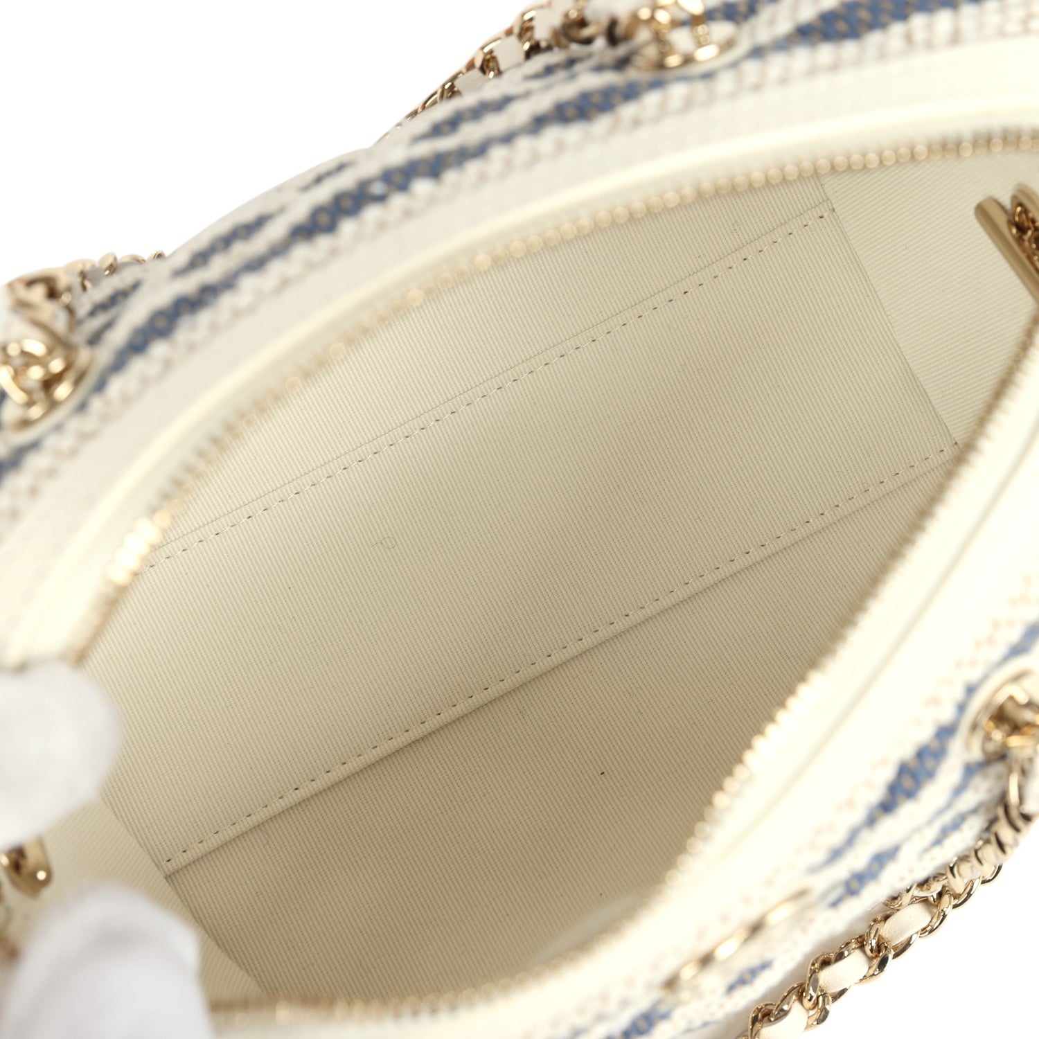 Mini Timeless Classic Barrel Bag with Chain Light Beige and Dark Blue Striped Woven Fabric Light Gold Hardware