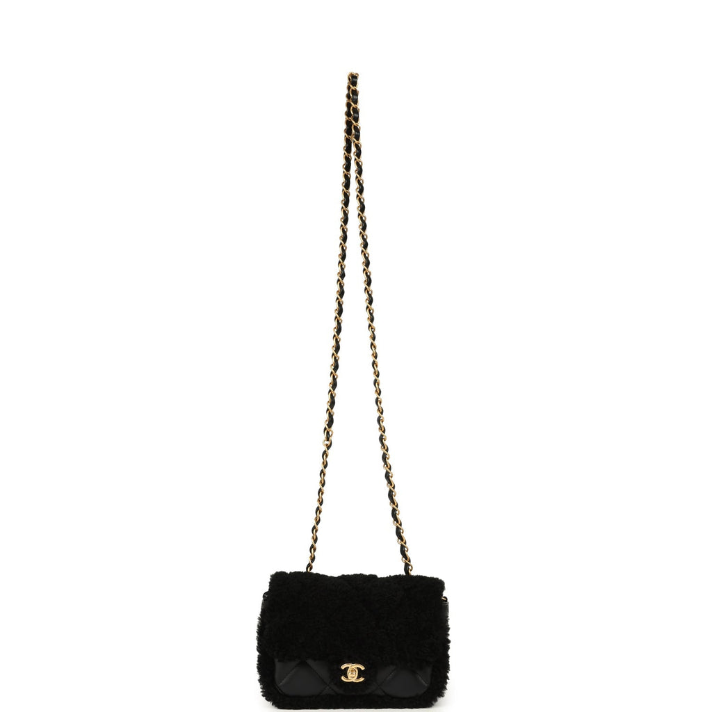 Mini Shearling Flap Bag Black Lambskin Brushed Gold Hardware