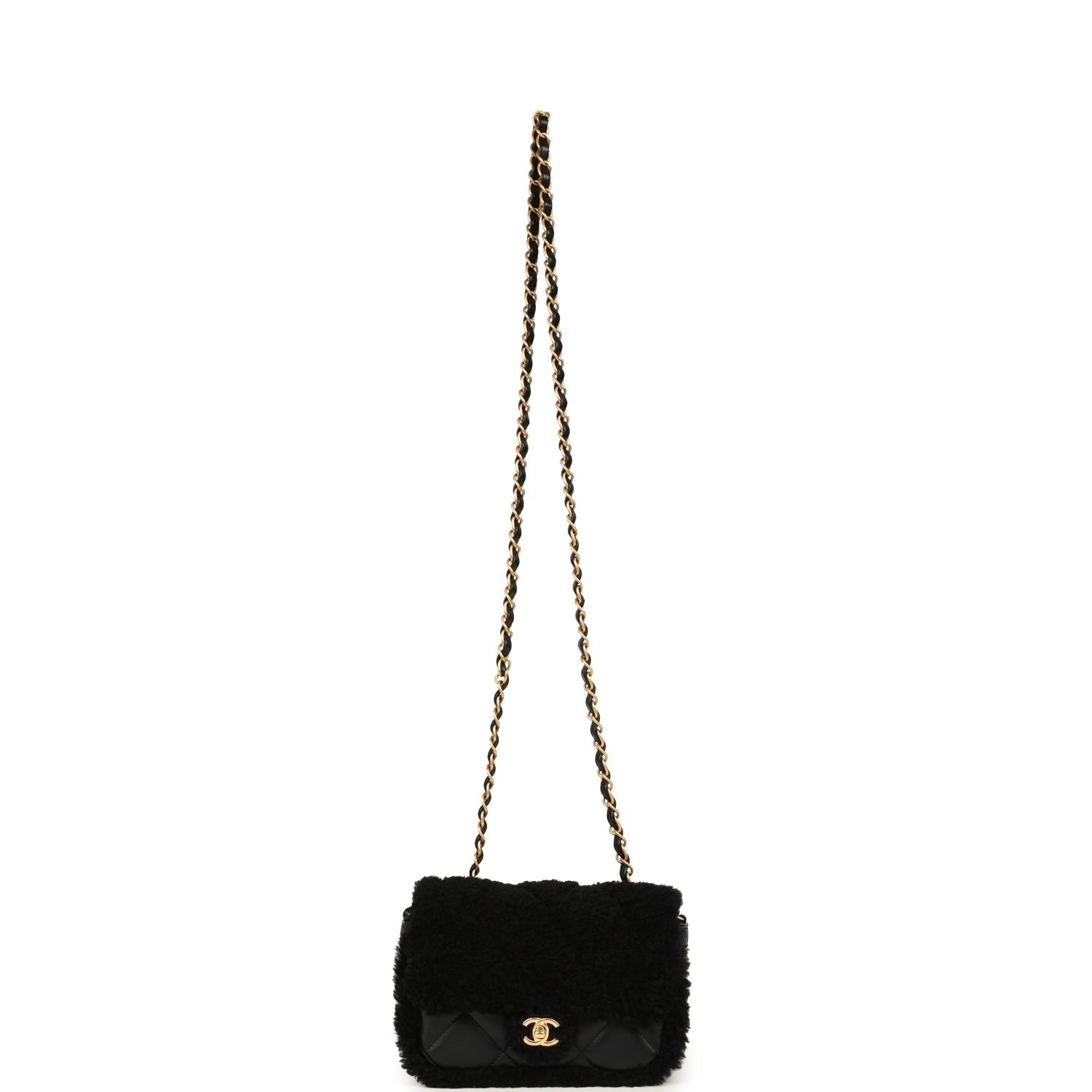 Mini Shearling Flap Bag Black Lambskin Brushed Gold Hardware