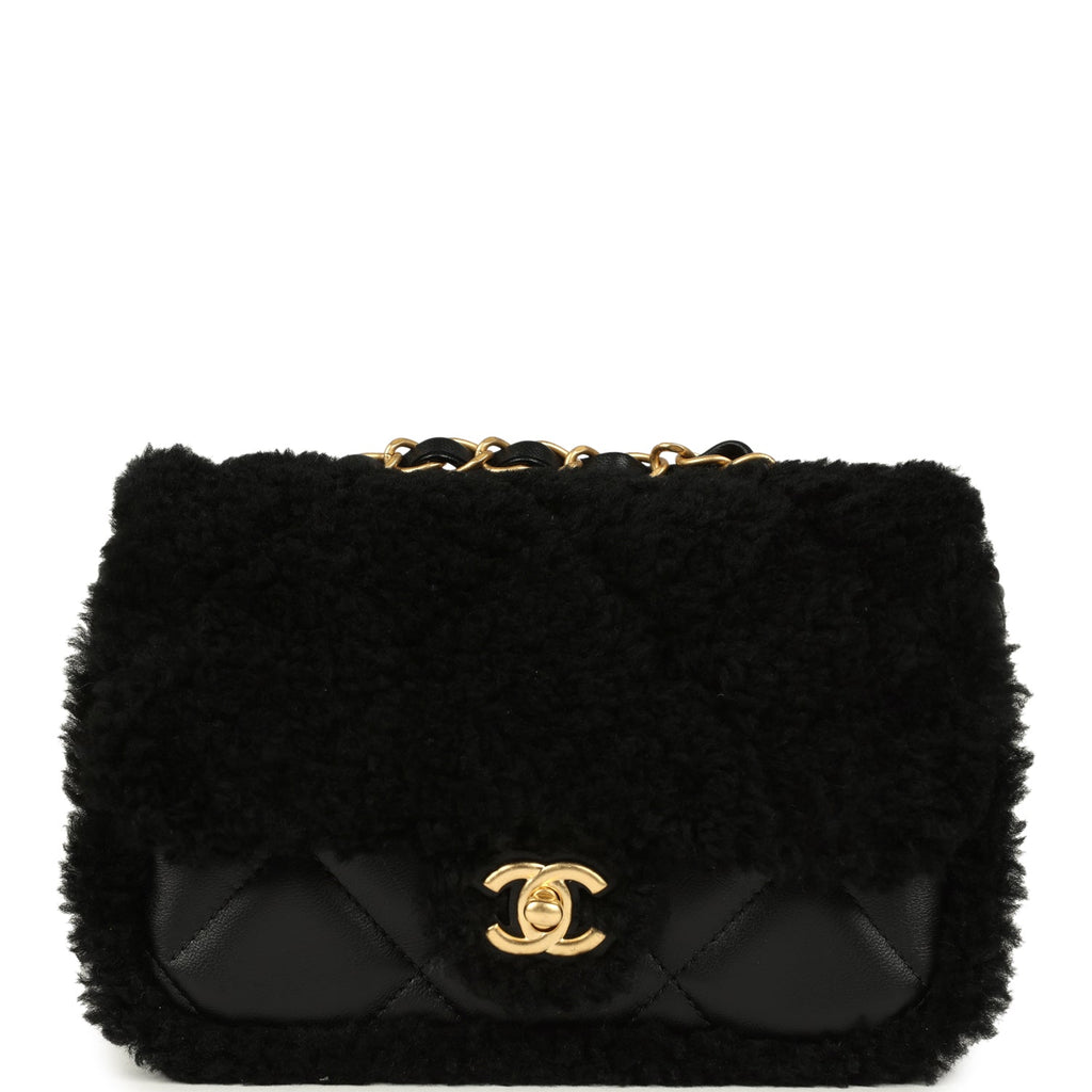 Mini Shearling Flap Bag Black Lambskin Brushed Gold Hardware