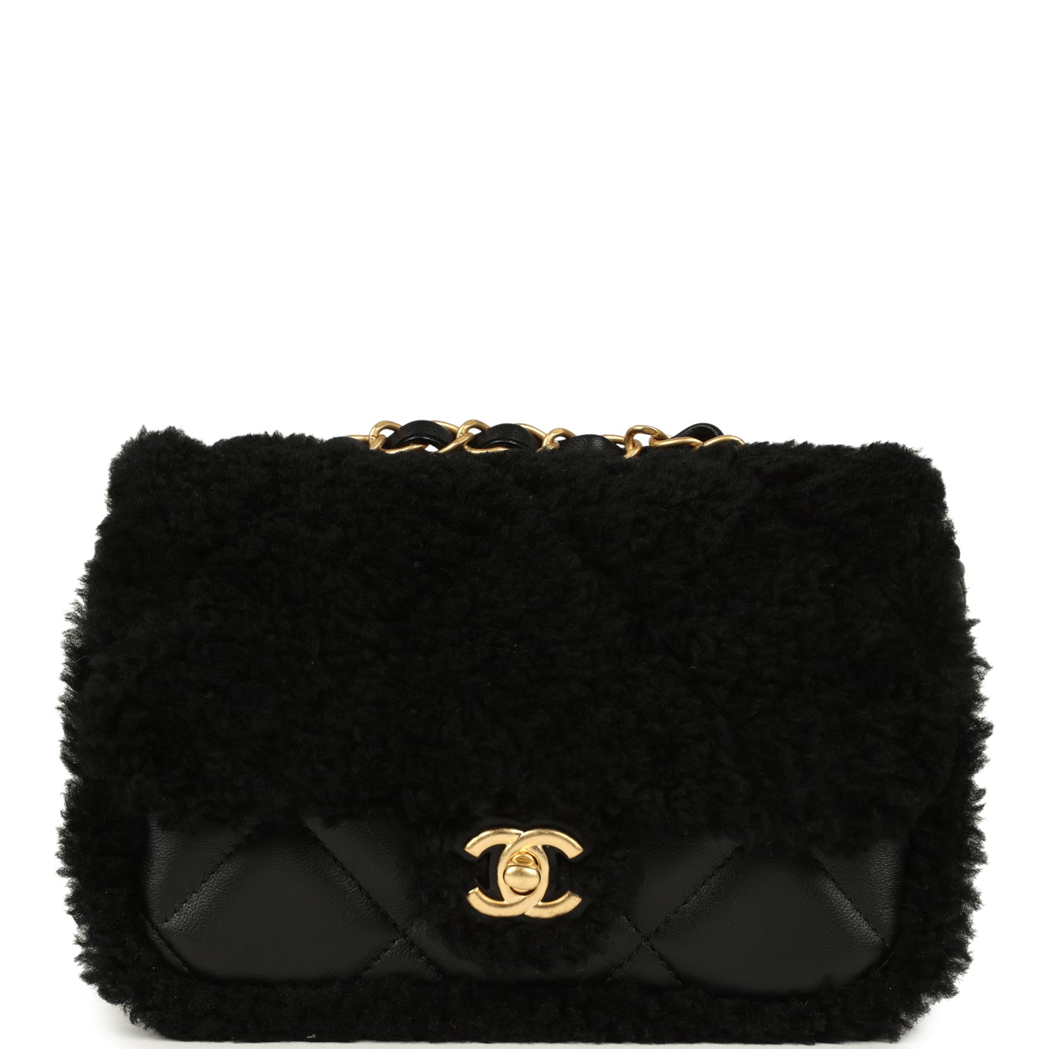 Mini Shearling Flap Bag Black Lambskin Brushed Gold Hardware