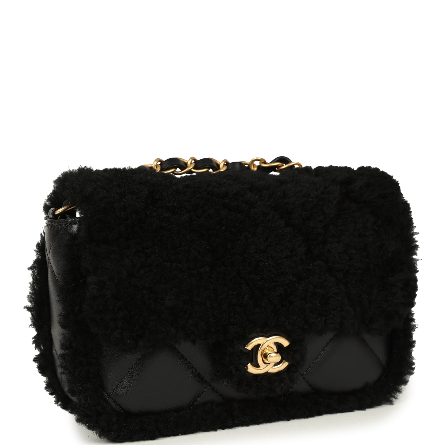 Mini Shearling Flap Bag Black Lambskin Brushed Gold Hardware