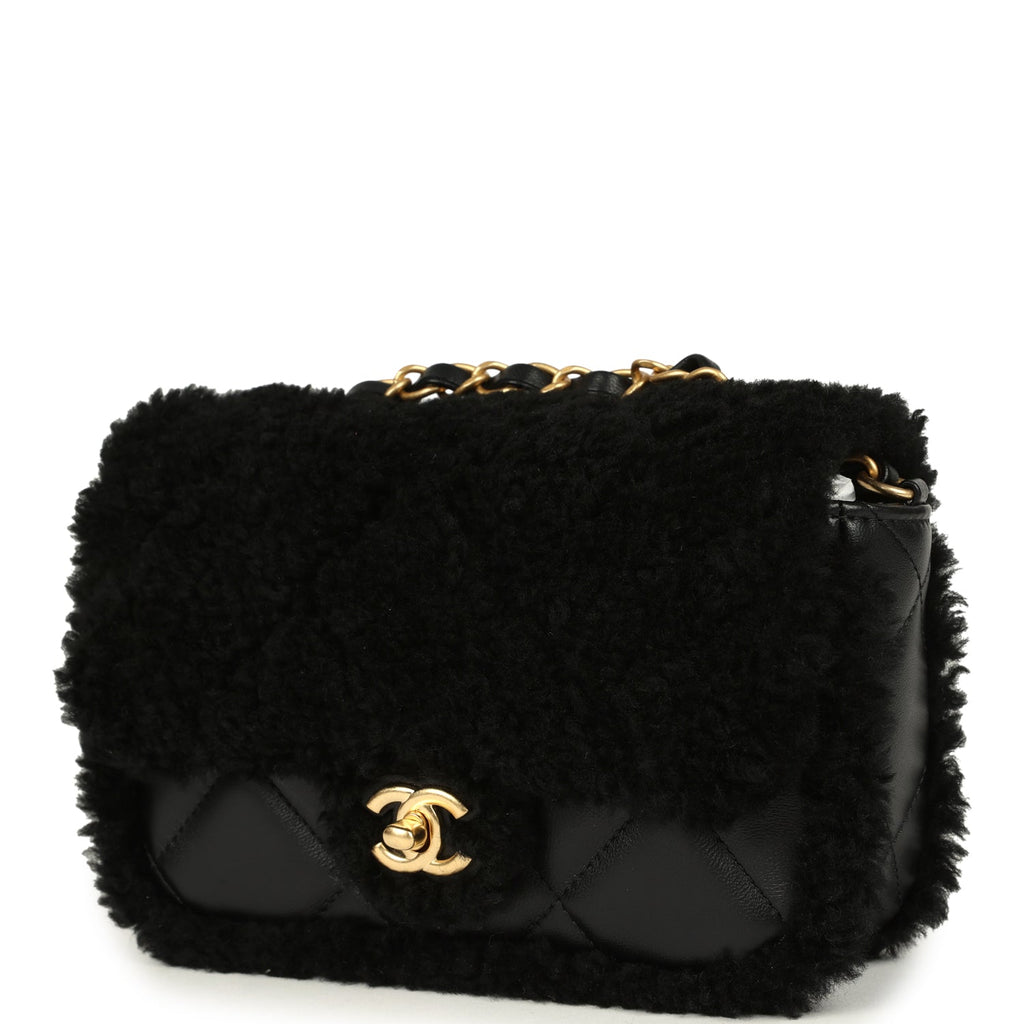 Mini Shearling Flap Bag Black Lambskin Brushed Gold Hardware