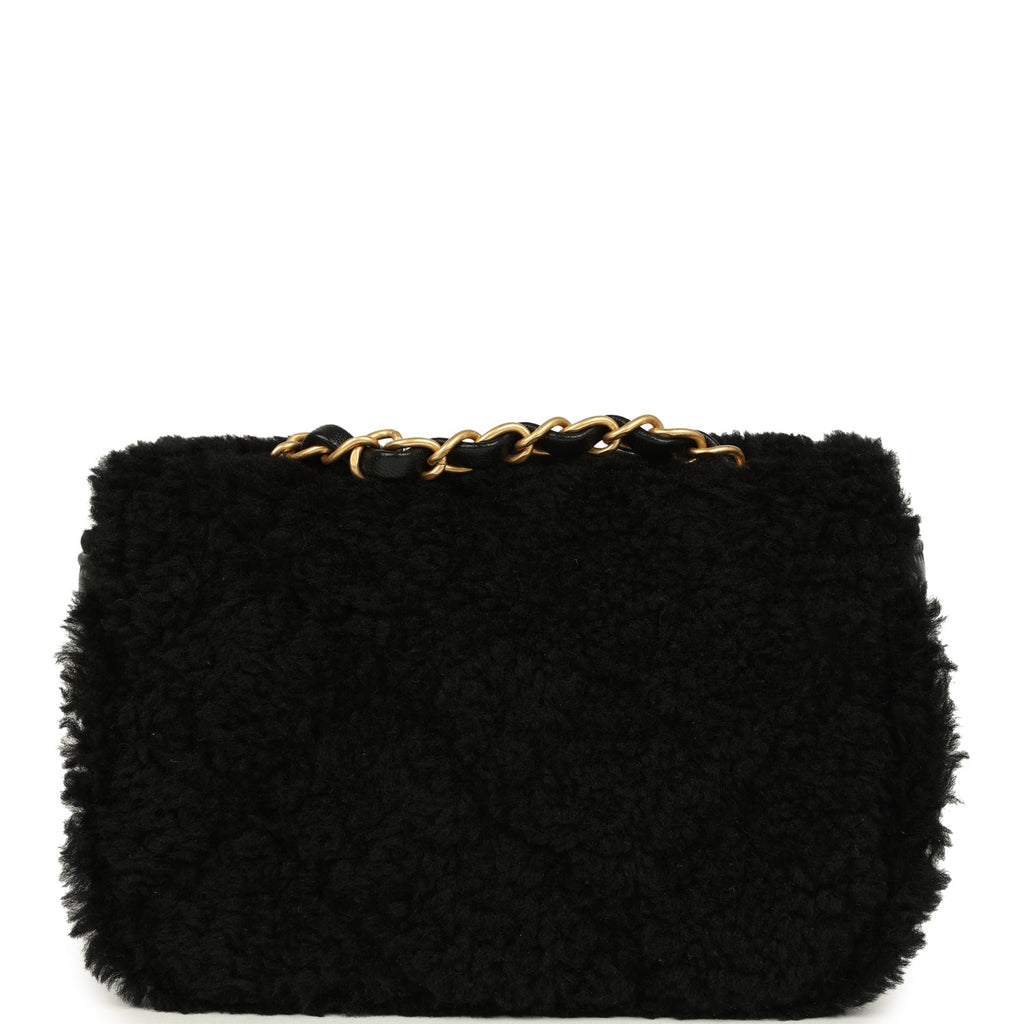 Mini Shearling Flap Bag Black Lambskin Brushed Gold Hardware