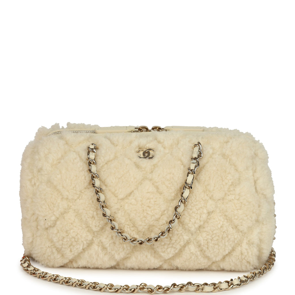 Mini Timeless Classic Barrel Bag with Chain Beige Shearling Light Gold Hardware